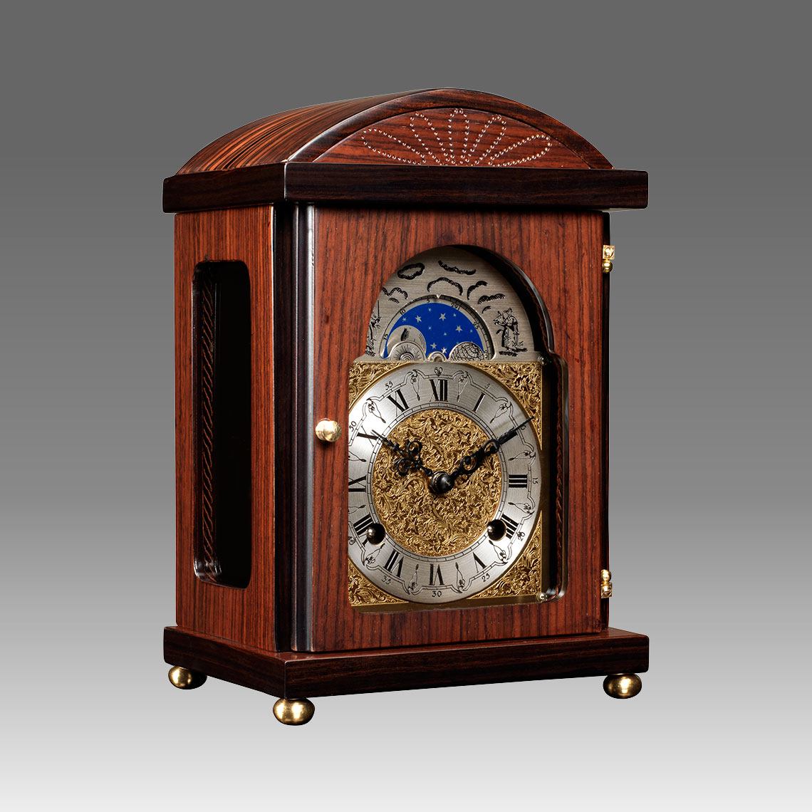 Mante Clock, Table Clock, Cimn Clock, Art.340/10 Palissander - Bim Bam melody on Bells, eatched decorated moon fase dial
